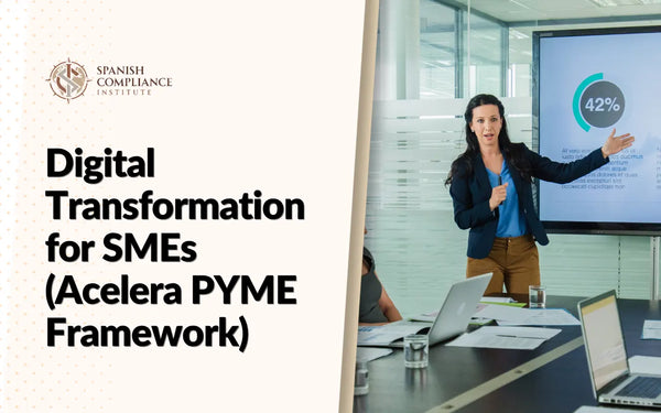Woman in a business meeting presenting a chart on "Transformación Digital para PYMES (Marco Acelera PYME)" for the Spanish Compliance Institute.