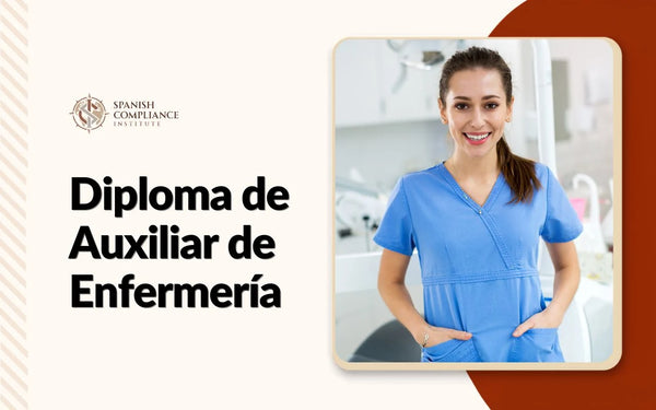 Banner del Diploma de Auxiliar de Enfermería con una auxiliar de enfermería sonriente con uniforme médico azul en una clínica moderna.