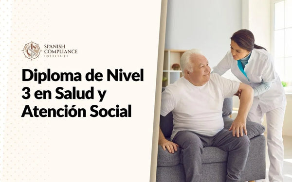 Portada del curso Diploma de Nivel 3 en Salud y Atención Social con una trabajadora de cuidados asistiendo físicamente a un paciente anciano.