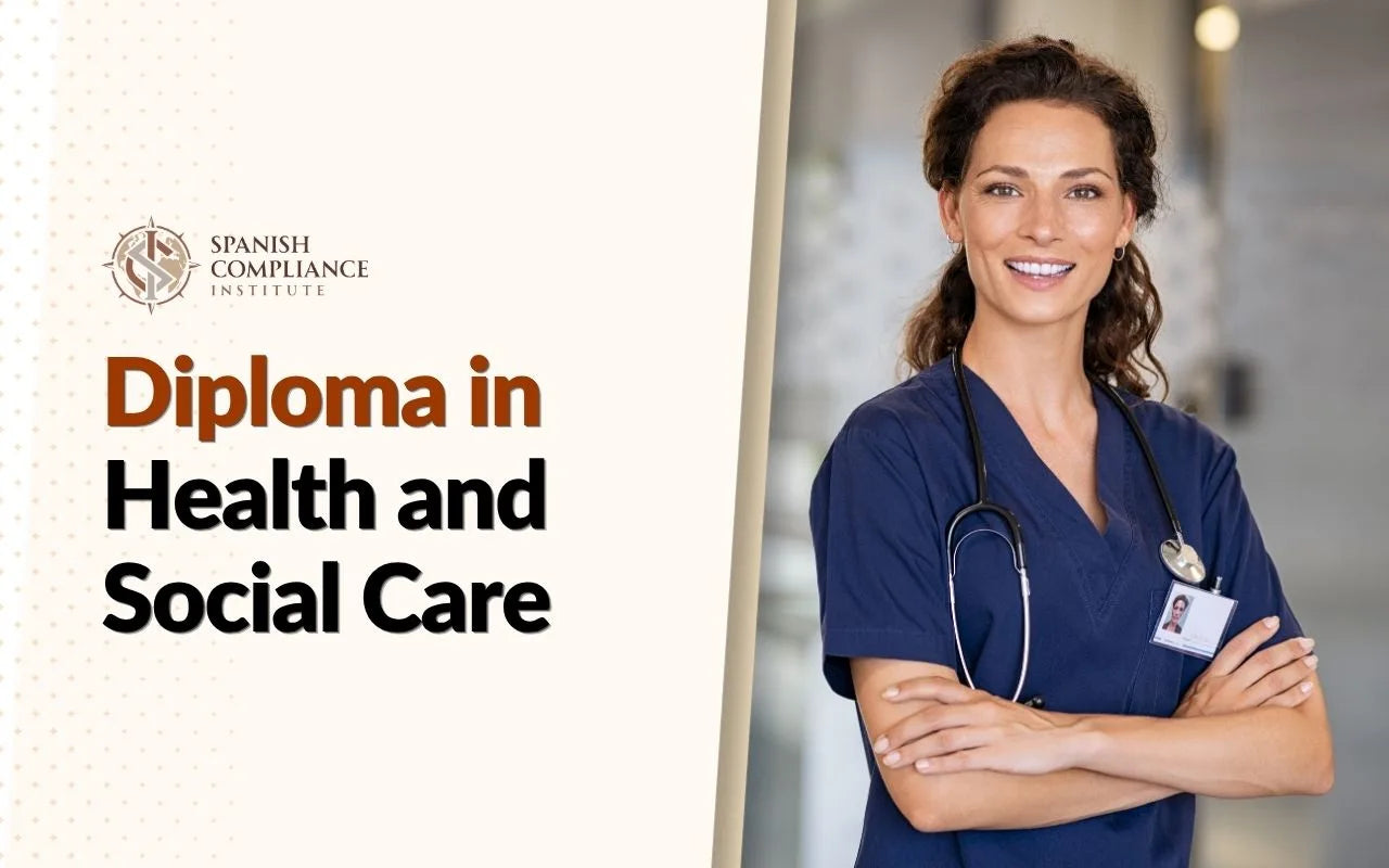 Diploma in Health and Social Care course cover with a healthcare professional in a clinical setting.