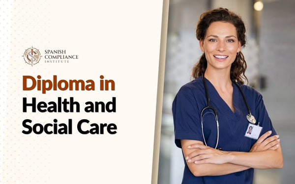 Diploma in Health and Social Care course cover with a healthcare professional in a clinical setting.
