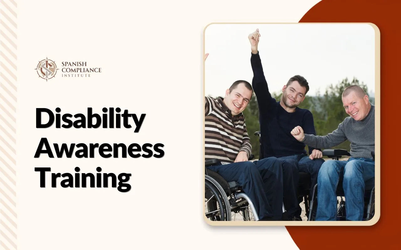Course graphic for Disability Awareness Training showing three men in wheelchairs enjoying time together outdoors.