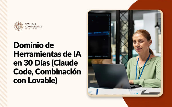 Profesional utilizando herramientas de IA en un ordenador portátil, representando el curso Dominio de Herramientas de IA en 30 Días con Claude Code y Lovable.