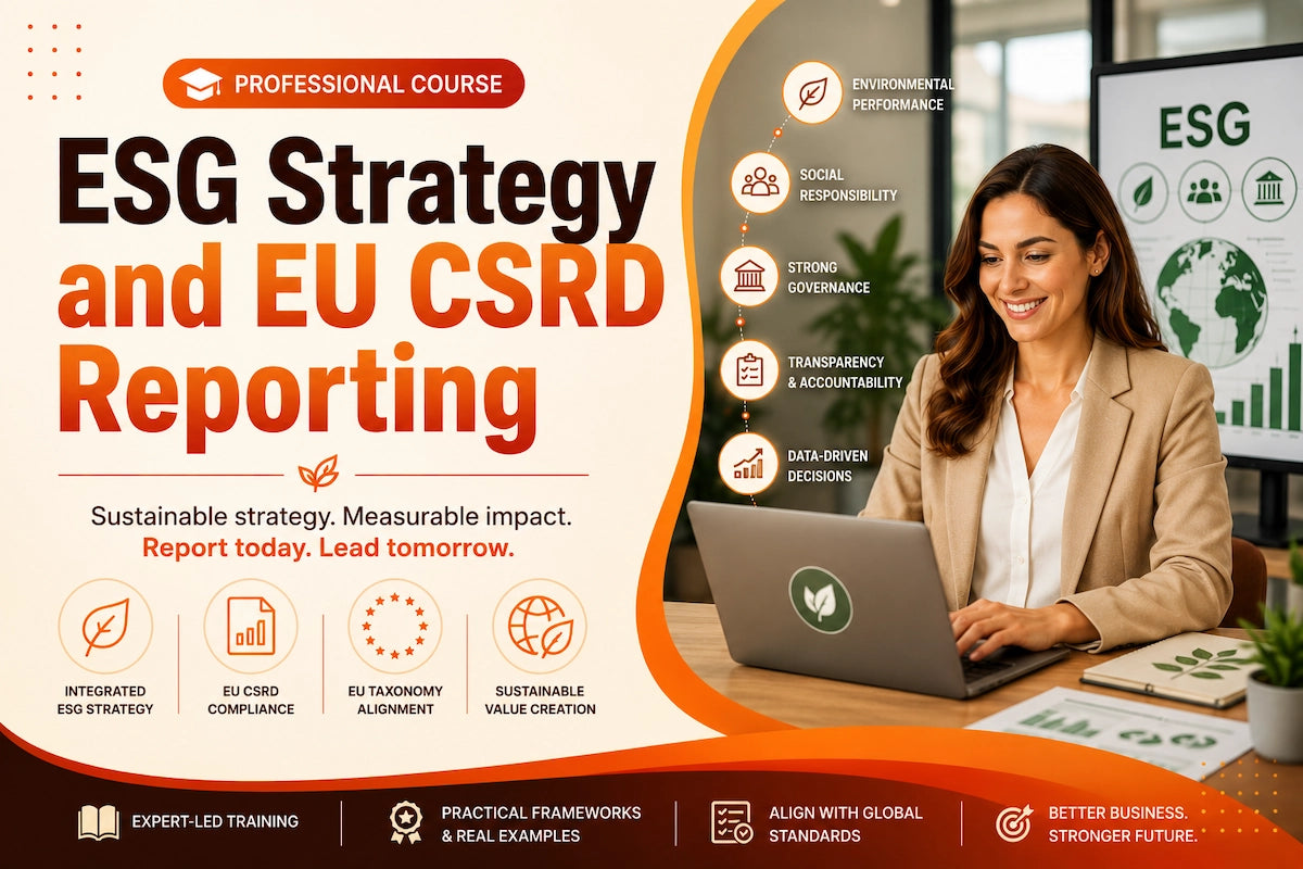 ESG strategy and EU CSRD reporting course banner featuring a business professional working on sustainability reporting with environmental, social responsibility, governance, and ESG analytics visuals.