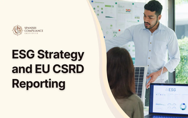 ESG Strategy and EU CSRD Reporting course banner showing a corporate sustainability presentation with solar panel models.