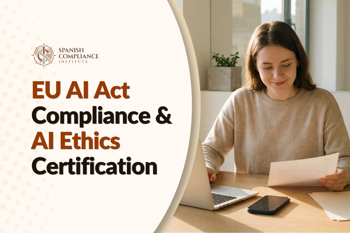 EU AI Act Compliance & AI Ethics Certification course cover featuring a woman reviewing documents beside a laptop and smartphone.