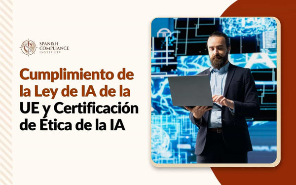 Curso sobre cumplimiento de la Ley de IA de la UE y certificación en ética de la IA, con un profesional de la IA utilizando un portátil.