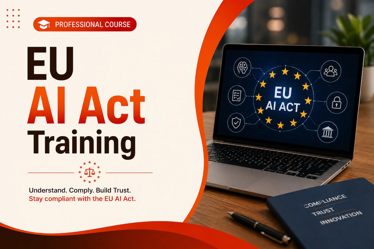 EU AI Act compliance training banner showing a laptop with European AI regulation visuals, compliance icons, governance symbols, and trust-focused artificial intelligence concepts for businesses.