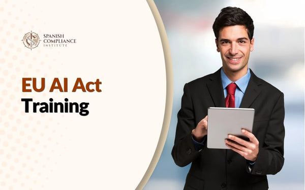 EU AI Act Training course cover featuring a business professional using a tablet for AI compliance training.