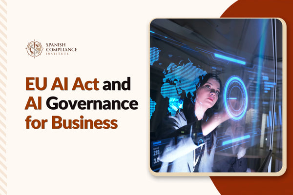 EU AI Act and AI Governance for Business course cover featuring a business professional using a laptop alongside AI compliance, risk management, governance, and accountability icons.