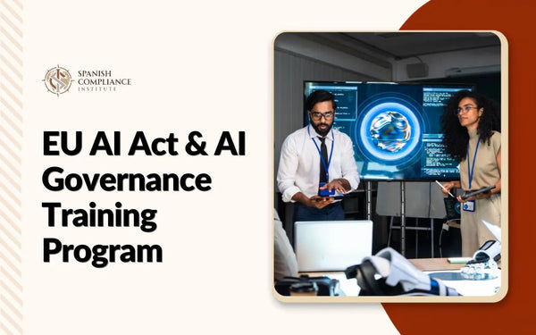 EU AI Act & AI Governance Training Program course cover featuring tech professionals leading a digital presentation.