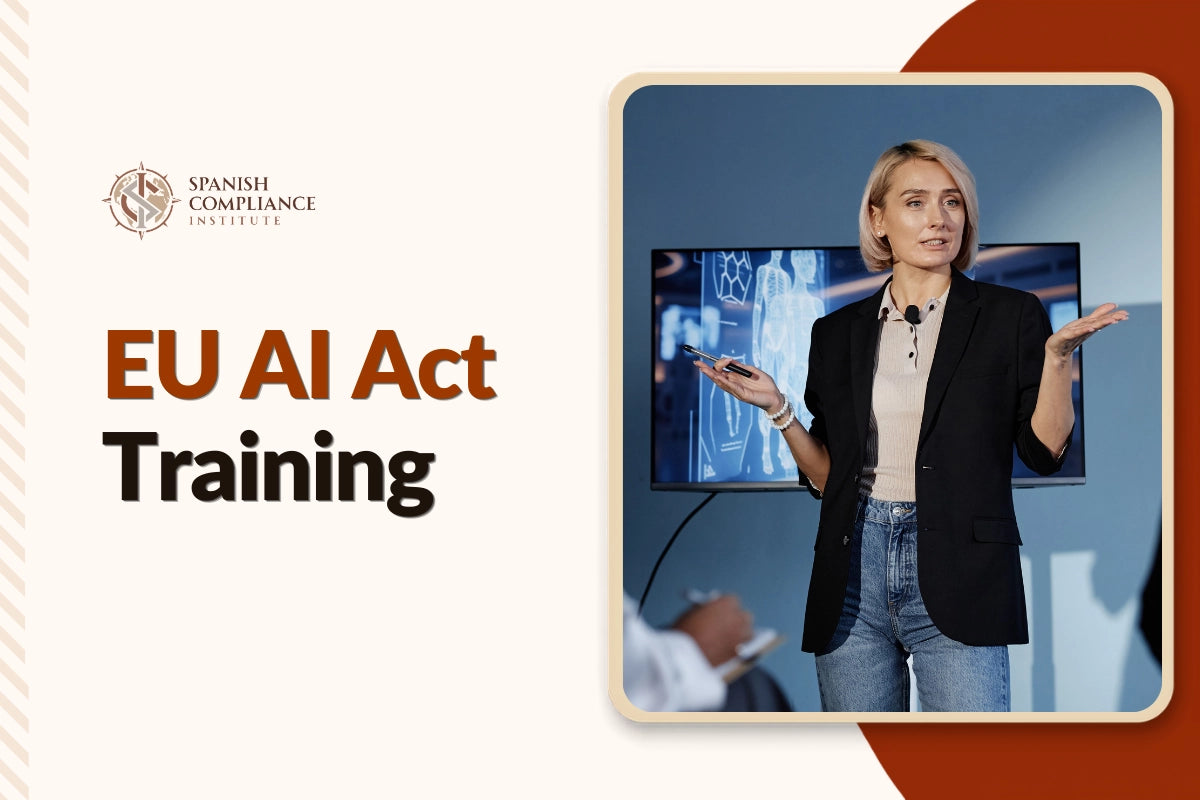 EU AI Act Training course cover featuring a presenter delivering a talk in front of a digital technology display.