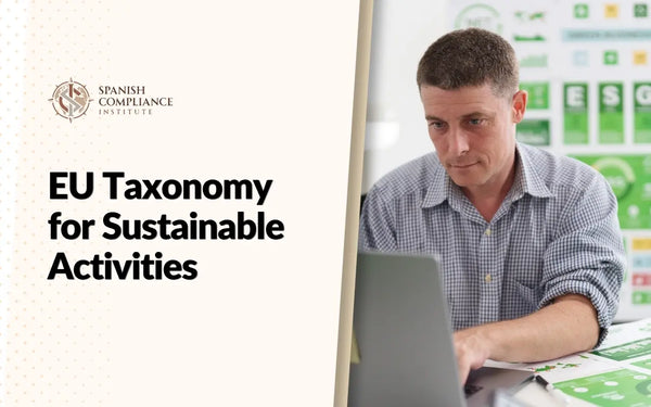 EU Taxonomy for Sustainable Activities course banner showing a businessman working on a laptop next to ESG compliance charts.
