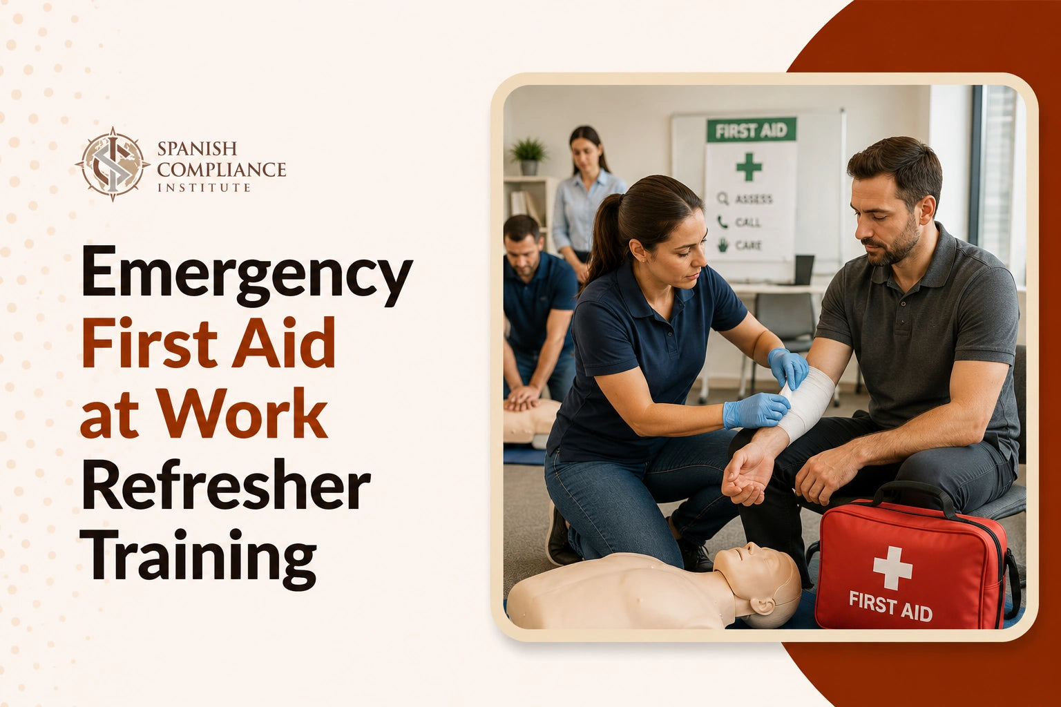 Emergency First Aid at Work Refresher Training course cover featuring a first aid trainer bandaging a worker’s arm during a workplace emergency response practice session.