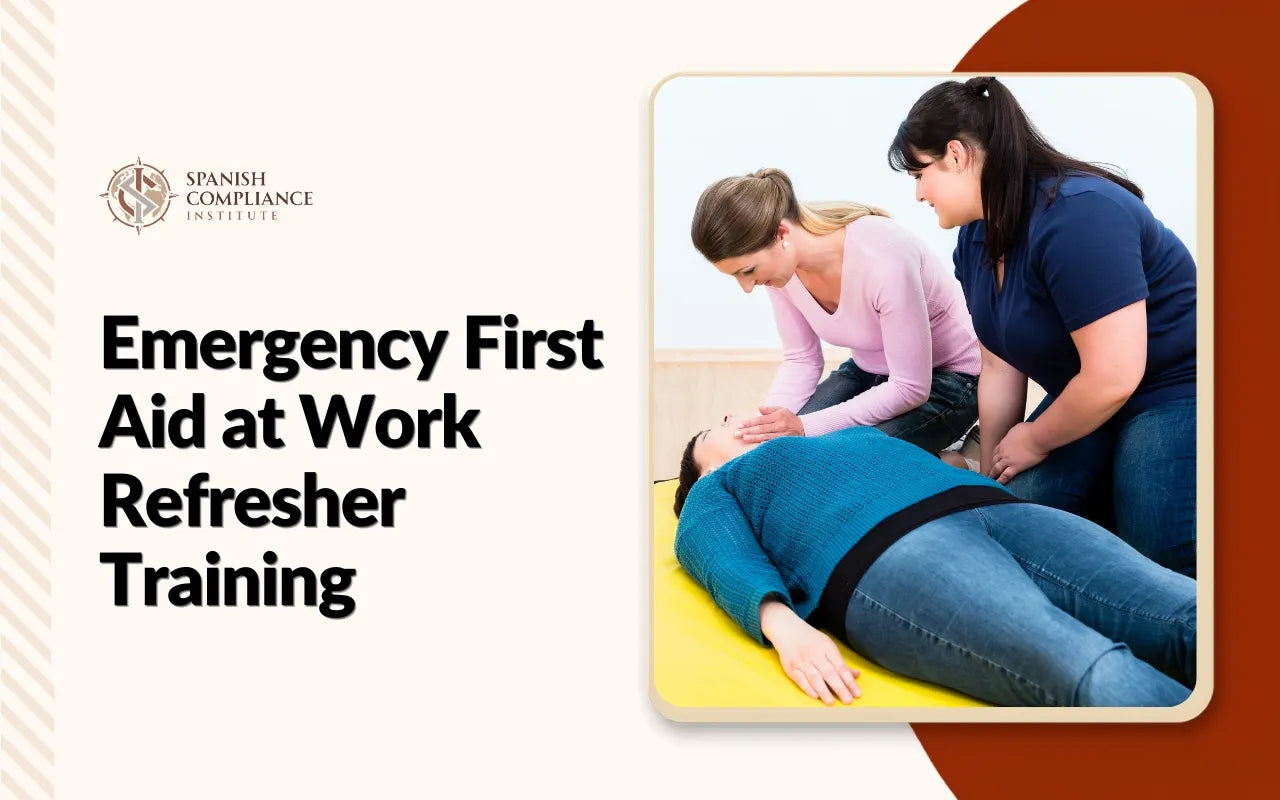 Participants receiving Emergency First Aid at Work refresher training, practicing emergency care techniques, patient assessment, and workplace health and safety procedures.