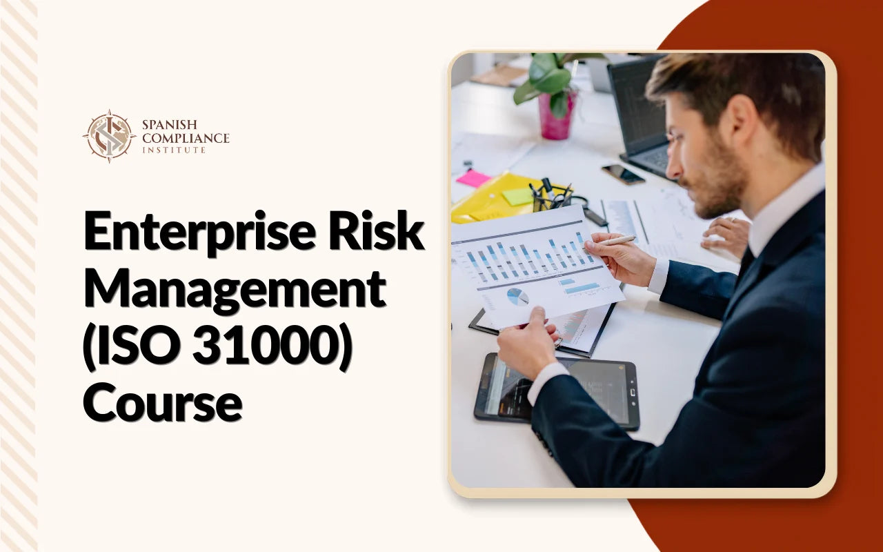 Enterprise Risk Management ISO 31000 Course promotional banner showing a businessman reviewing risk analysis reports.