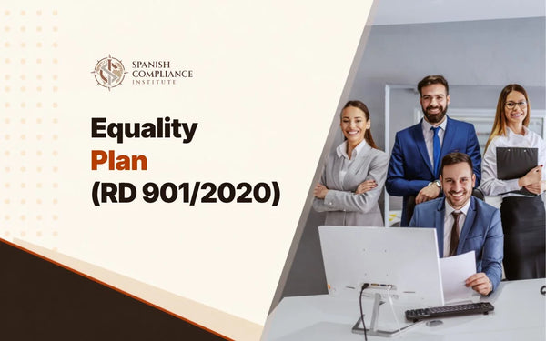 Course graphic for Equality Plan (RD 901/2020) showing a diverse corporate team at a desk setup.
