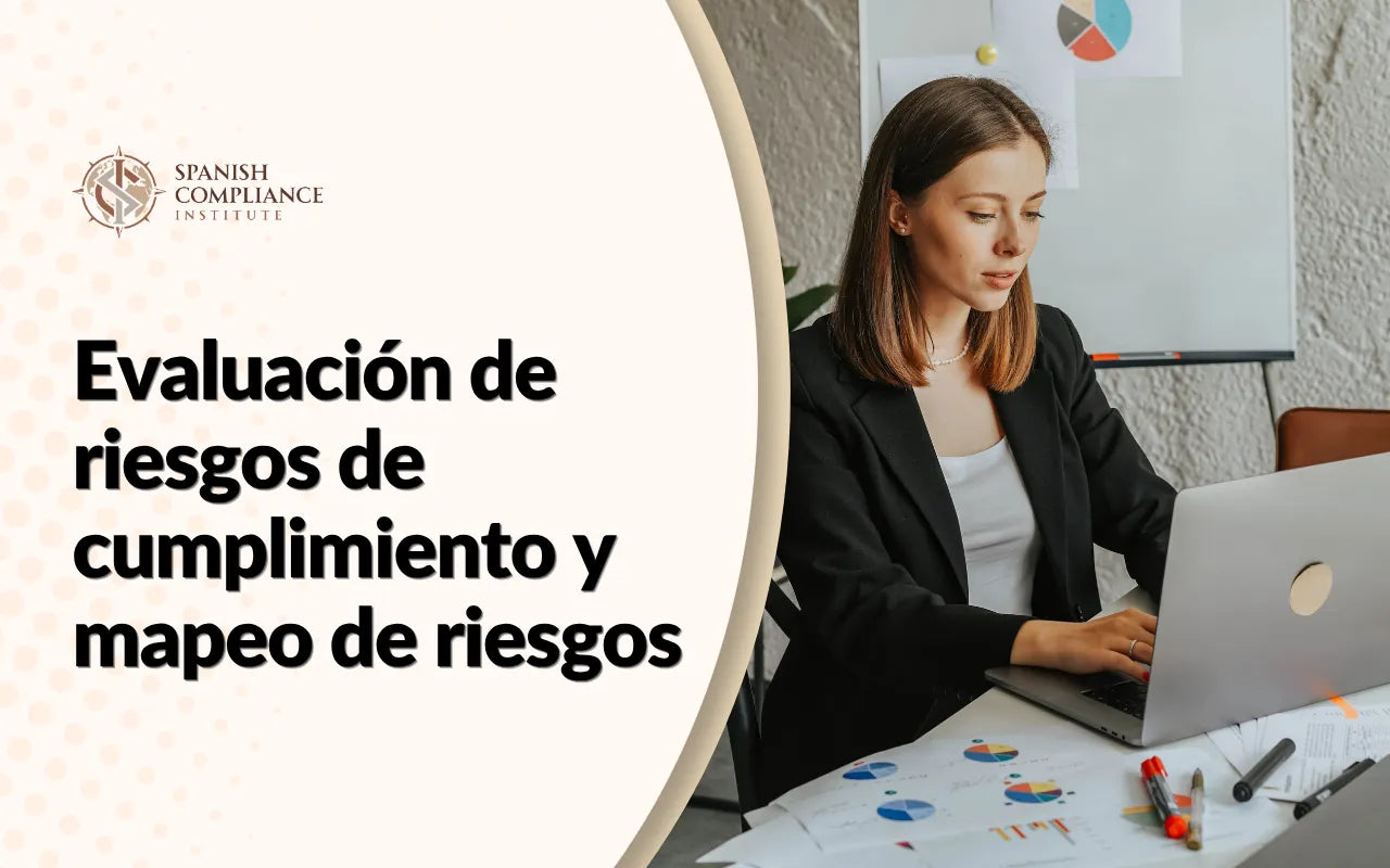 Profesional analizando gráficos de riesgo en el ordenador junto al título del curso Evaluación de riesgos de cumplimiento y mapeo de riesgos.