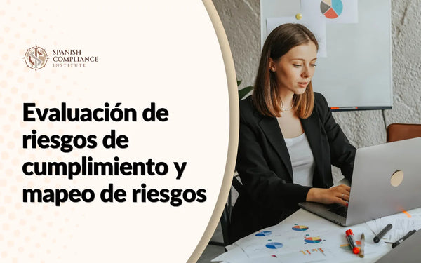 Profesional analizando gráficos de riesgo en el ordenador junto al título del curso Evaluación de riesgos de cumplimiento y mapeo de riesgos.