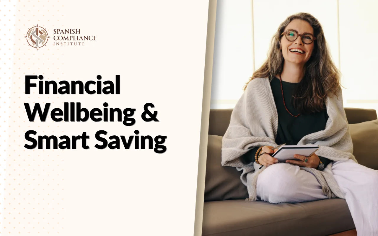 Financial Wellbeing & Smart Saving course banner showing a woman taking notes on personal finance.