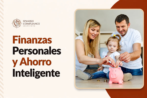 Portada del curso de Finanzas Personales y Ahorro Inteligente con un tarro de ahorros, una lista de verificación de objetivos financieros, una calculadora y un cuaderno de presupuesto.