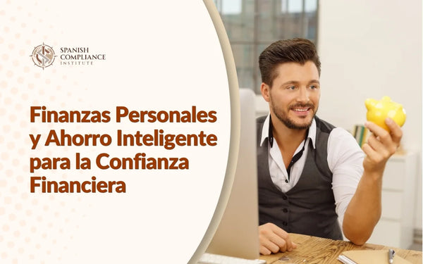 Concepto de finanzas personales y ahorro inteligente protagonizado por un profesional con una hucha, que destaca la elaboración de presupuestos, la gestión del dinero, la planificación financiera y la seguridad financiera a largo plazo.