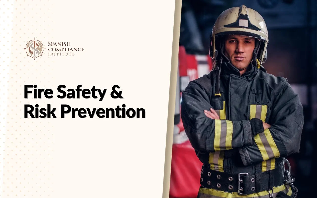 A firefighter in full protective uniform and helmet standing with arms crossed, representing the Fire Safety & Risk Prevention course by the Spanish Compliance Institute.