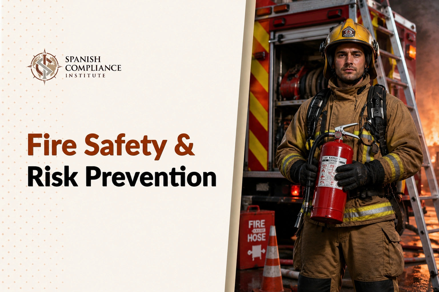 Fire Safety & Risk Prevention online training showing workplace fire prevention, emergency evacuation, fire extinguisher use.