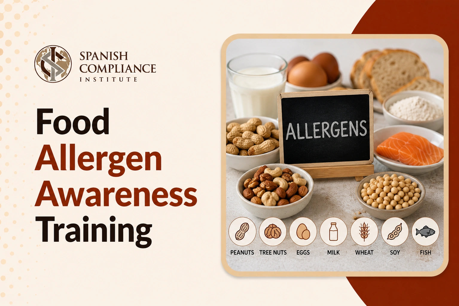 Food Allergen Awareness Training course cover featuring common allergens including peanuts, tree nuts, eggs, milk, wheat, soy, fish, and salmon.