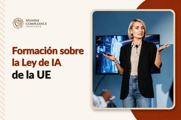 Portada del curso "Formación sobre el Reglamento de IA de la UE", con un ponente impartiendo una presentación frente a una pantalla de tecnología digital.