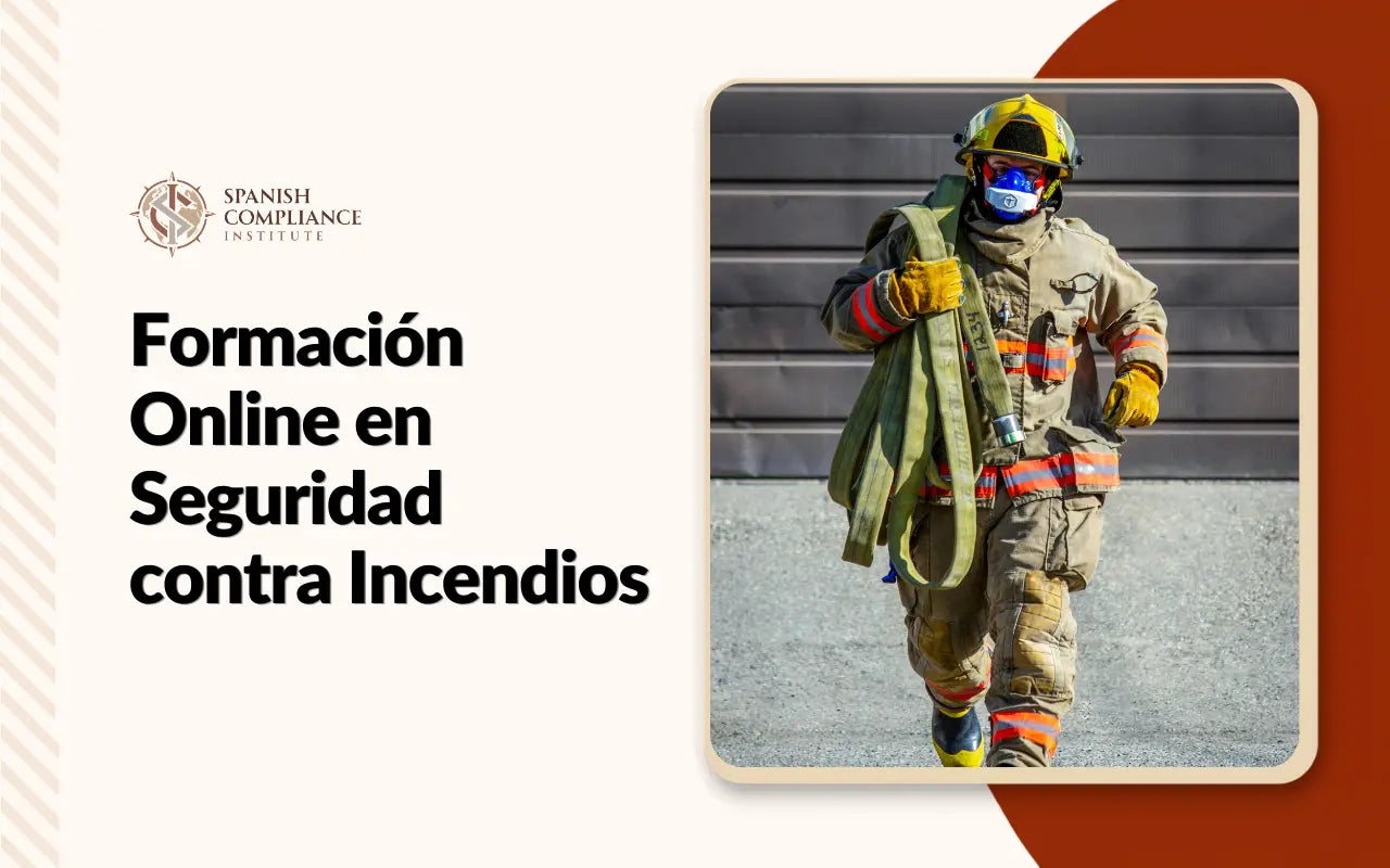 Banner promocional de la Formación Online en Seguridad contra Incendios con un bombero con traje de protección.