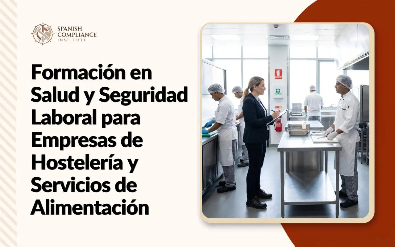 Formación en Salud y Seguridad Laboral para Empresas de Hostelería y Servicios de Alimentación' con una escena de inspección de cocina.