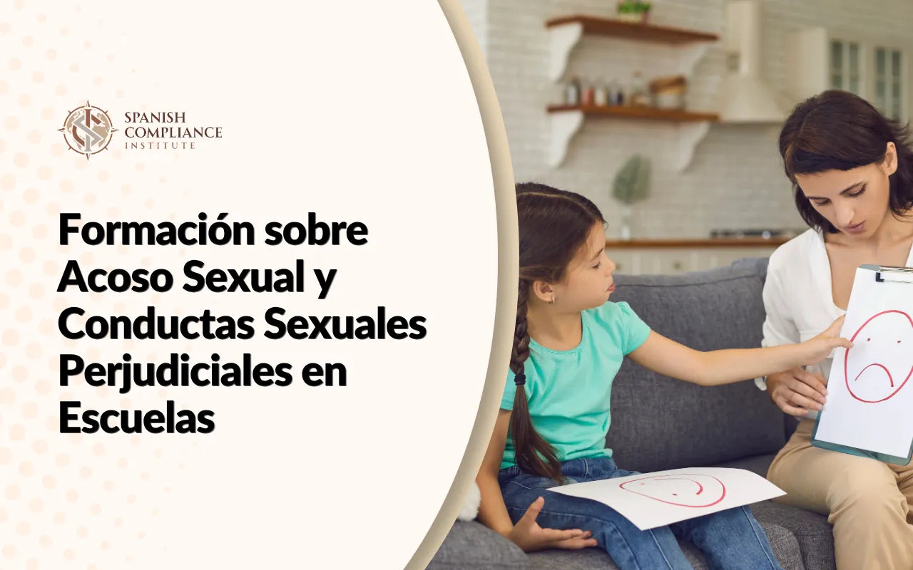 Banner promocional de la Formación sobre Acoso Sexual y Conductas Sexuales Perjudiciales en Escuelas con una terapeuta y una niña.
