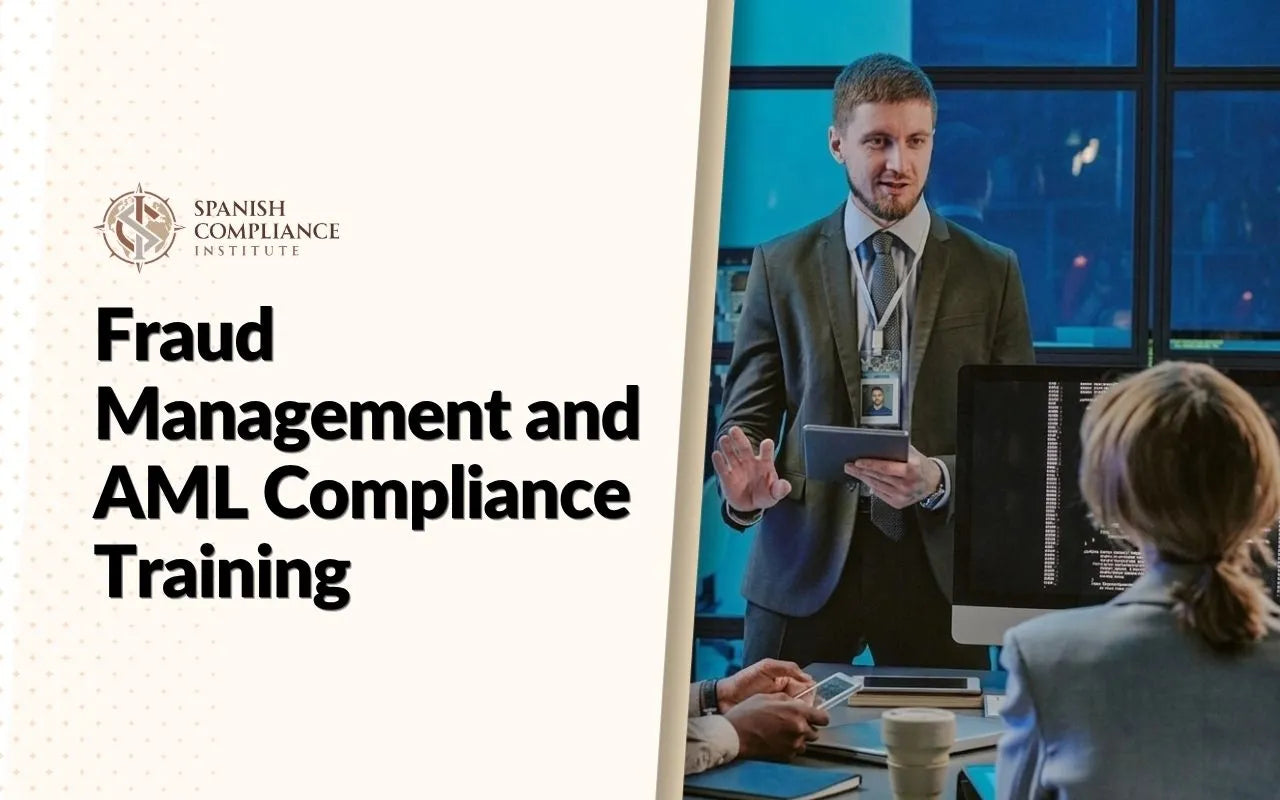 Course graphic for Fraud Management and AML Compliance Training showing a professional presenting data to a team in a tech room.