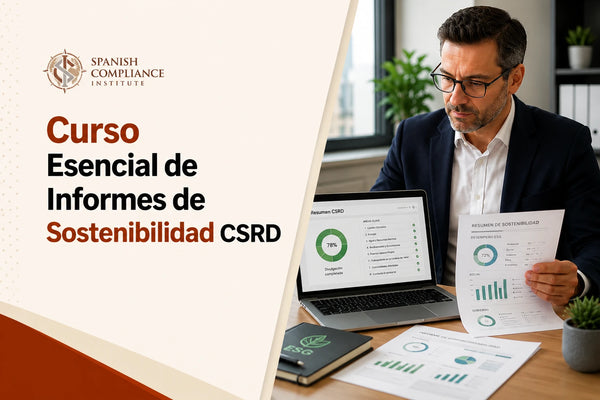 Portada del curso Fundamentos de la Elaboración de Informes de Sostenibilidad según la CSRD, con un profesional de negocios revisando informes de sostenibilidad junto a un ordenador portátil con un panel de divulgación de la CSRD.