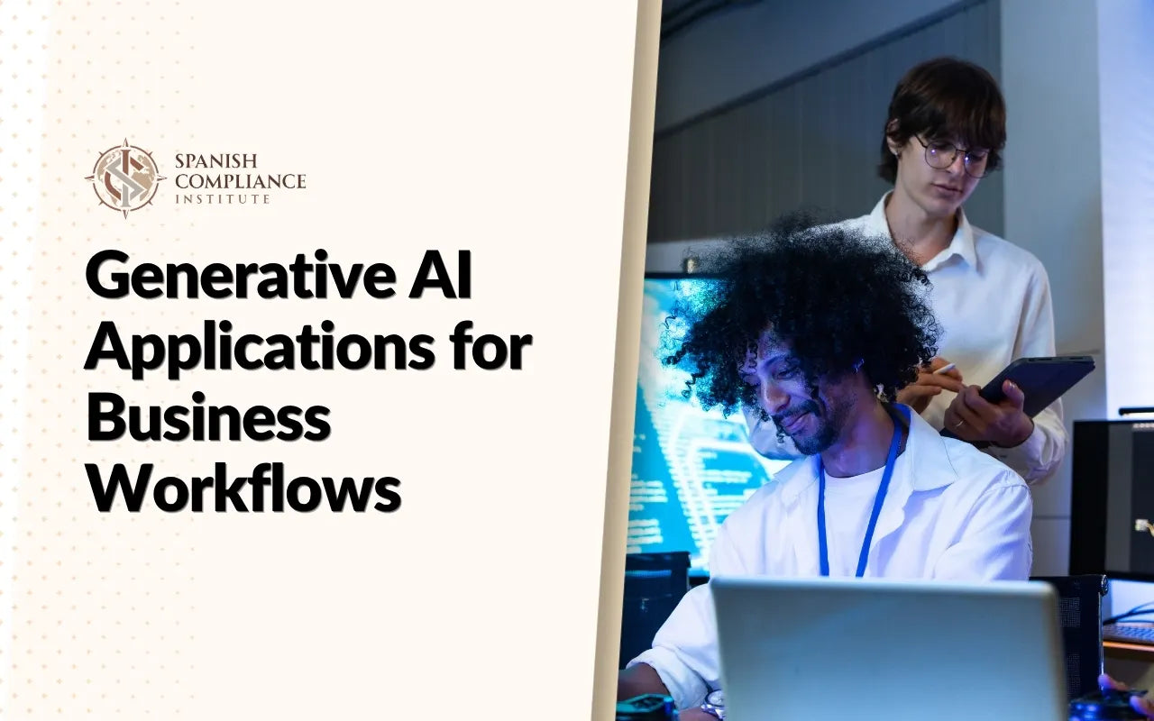 A modern abstract graphic featuring overlapping glowing digital panels, futuristic server data lines, and blue gradient tones, representing the Generative AI Applications for Business Workflows course by the Spanish Compliance Institute.