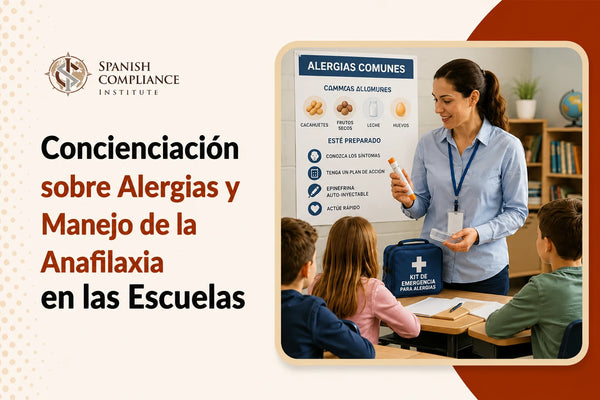 Curso de Gestión de las Alergias y la Anafilaxia en los Centros Educativos que abarca la concienciación sobre las alergias, la respuesta ante la anafilaxia, el tratamiento de emergencia, el uso del autoinyector de adrenalina (EpiPen) y los procedimientos de seguridad escolar.