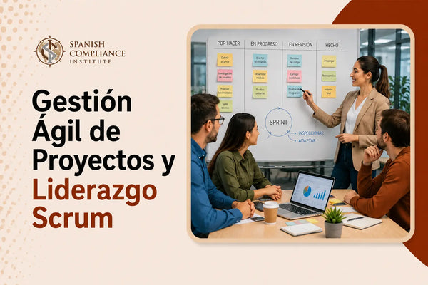 Agile Project Management and Scrum Leadership course cover featuring a team planning a sprint around a Scrum board in an office meeting.