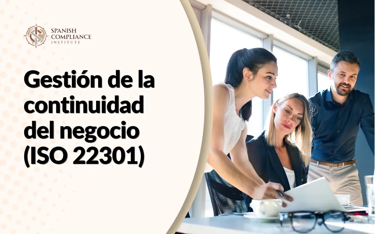 Banner promocional del curso Gestión de la continuidad del negocio ISO 22301 con un equipo de profesionales en una oficina.