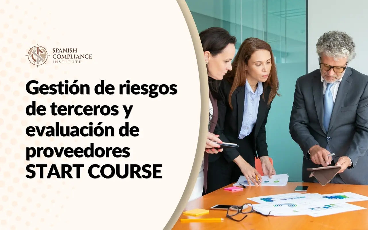 Profesionales corporativos revisando análisis de datos en una tableta para evaluar socios comerciales, representando el curso Gestión de riesgos de terceros y evaluación de proveedores de Spanish Compliance Institute.