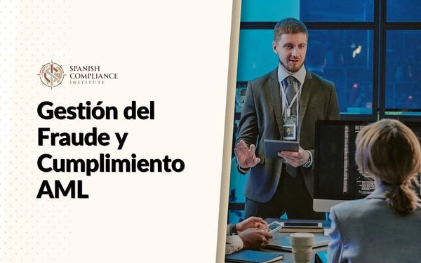 Gráfico del curso Gestión del Fraude y Cumplimiento AML con un profesional dirigiendo una capacitación sobre fraude y seguridad.