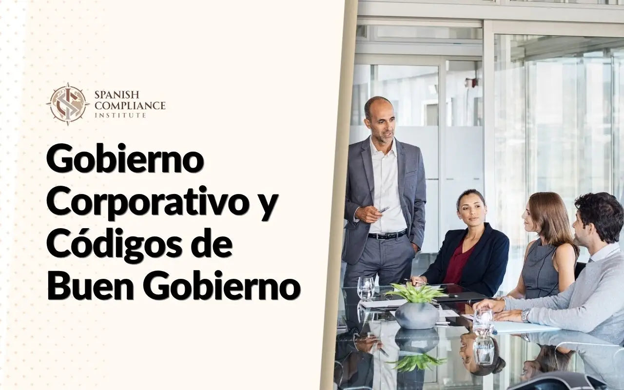 Gráfico del curso Gobierno Corporativo y Códigos de Buen Gobierno con un grupo de profesionales en una junta directiva.