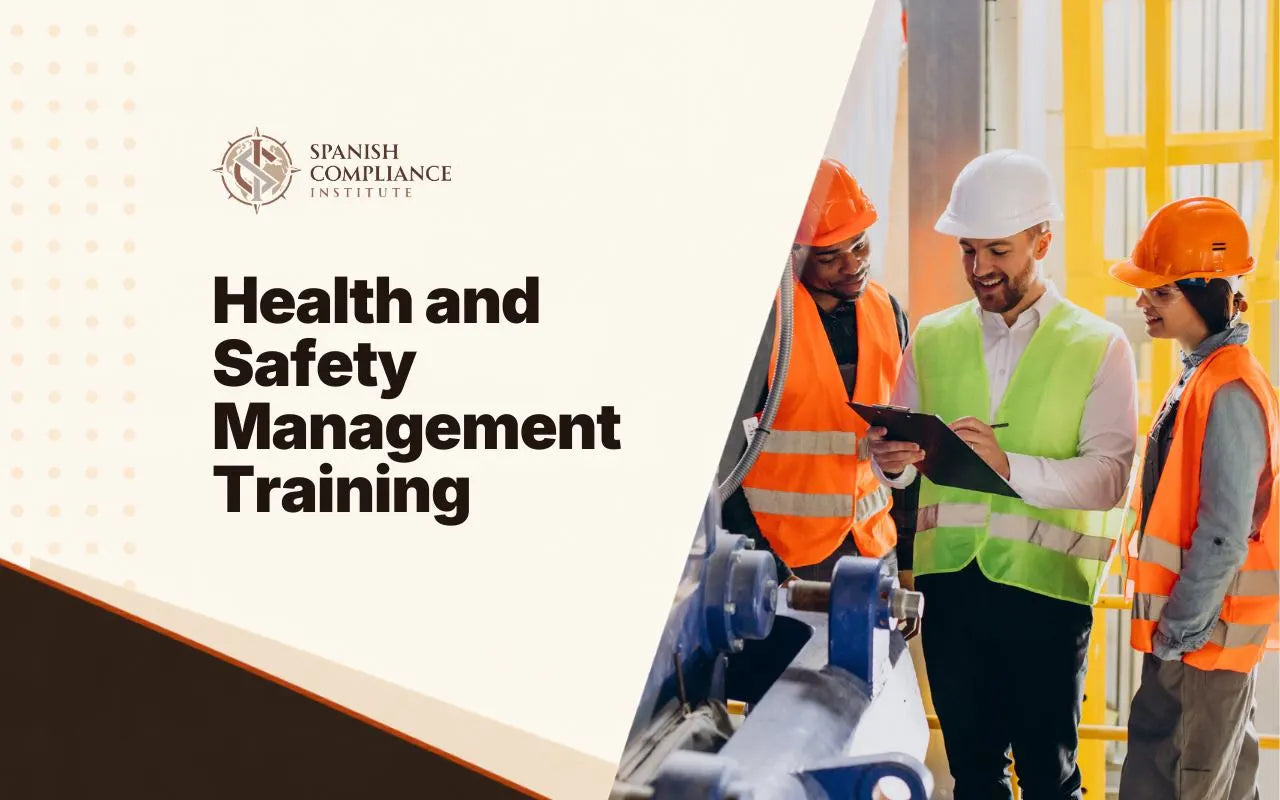 Health and Safety Management Training course cover showing a supervisor and workers in protective gear looking at a clipboard.