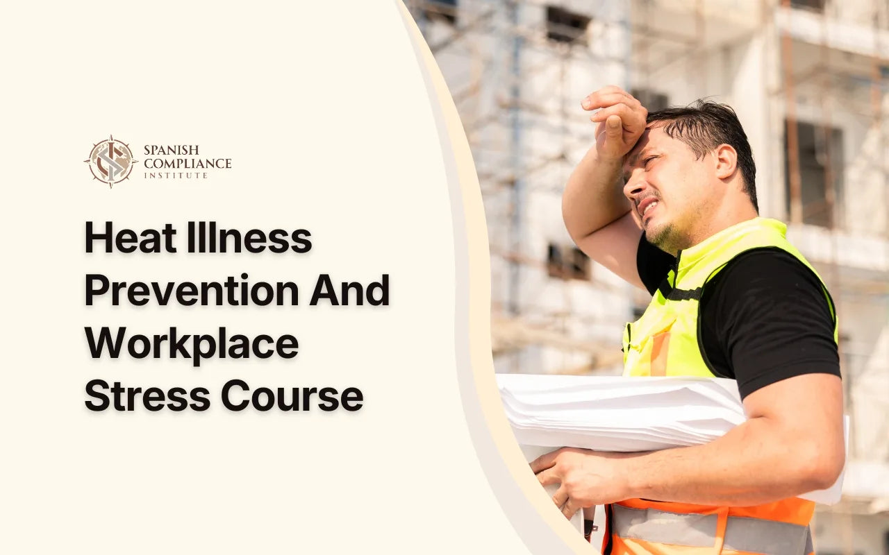 An outdoor worker taking a break to drink water from a bottle under the bright sun, representing the Heat Illness Prevention And Workplace Stress Course by the Spanish Compliance Institute.
