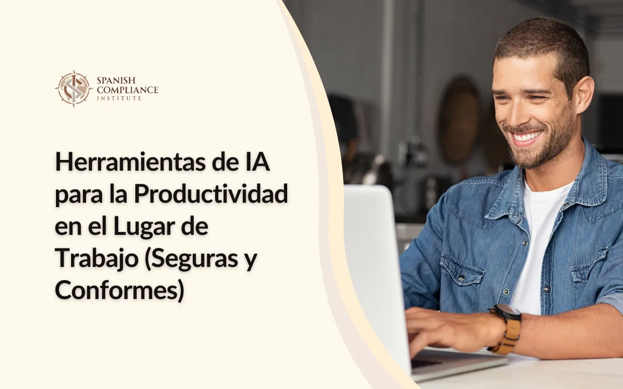 Banner promocional del curso Herramientas de IA para la Productividad en el Lugar de Trabajo con un hombre usando su portátil.