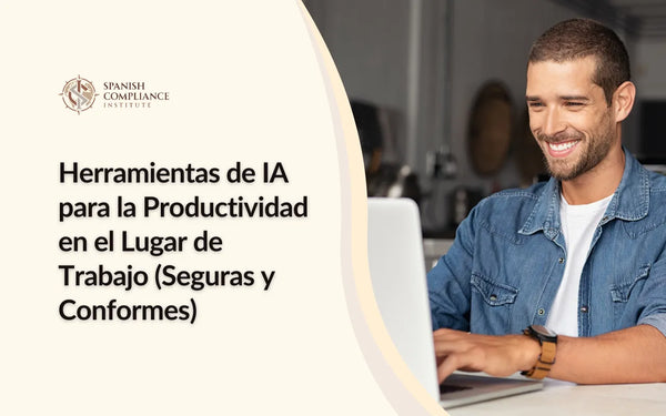 Banner promocional del curso Herramientas de IA para la Productividad en el Lugar de Trabajo con un hombre usando su portátil.
