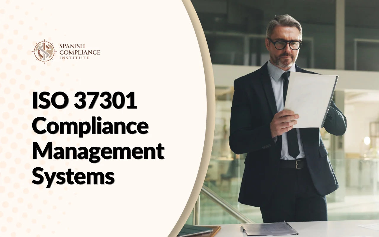 Corporate executive reviewing compliance documents next to ISO 37301 Compliance Management Systems course title by Spanish Compliance Institute.