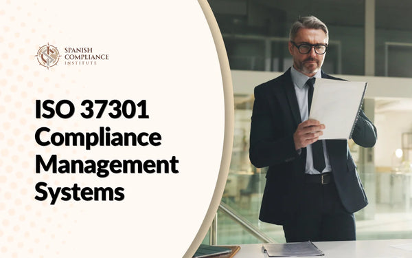Corporate executive reviewing compliance documents next to ISO 37301 Compliance Management Systems course title by Spanish Compliance Institute.