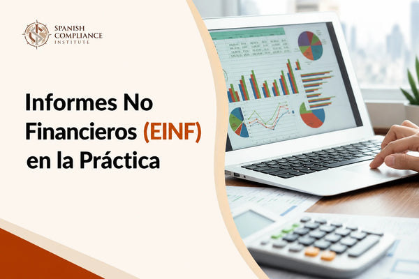 Portada del curso Información No Financiera (EINF) en la Práctica con un ordenador portátil que muestra gráficos financieros, una calculadora y una mano revisando datos.
