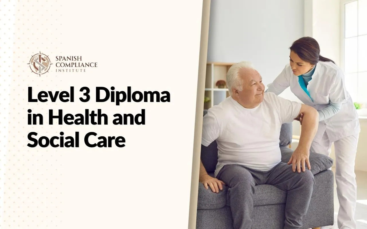 Level 3 Diploma in Health and Social Care course cover showing a care worker physically assisting an elderly patient in a bright room.